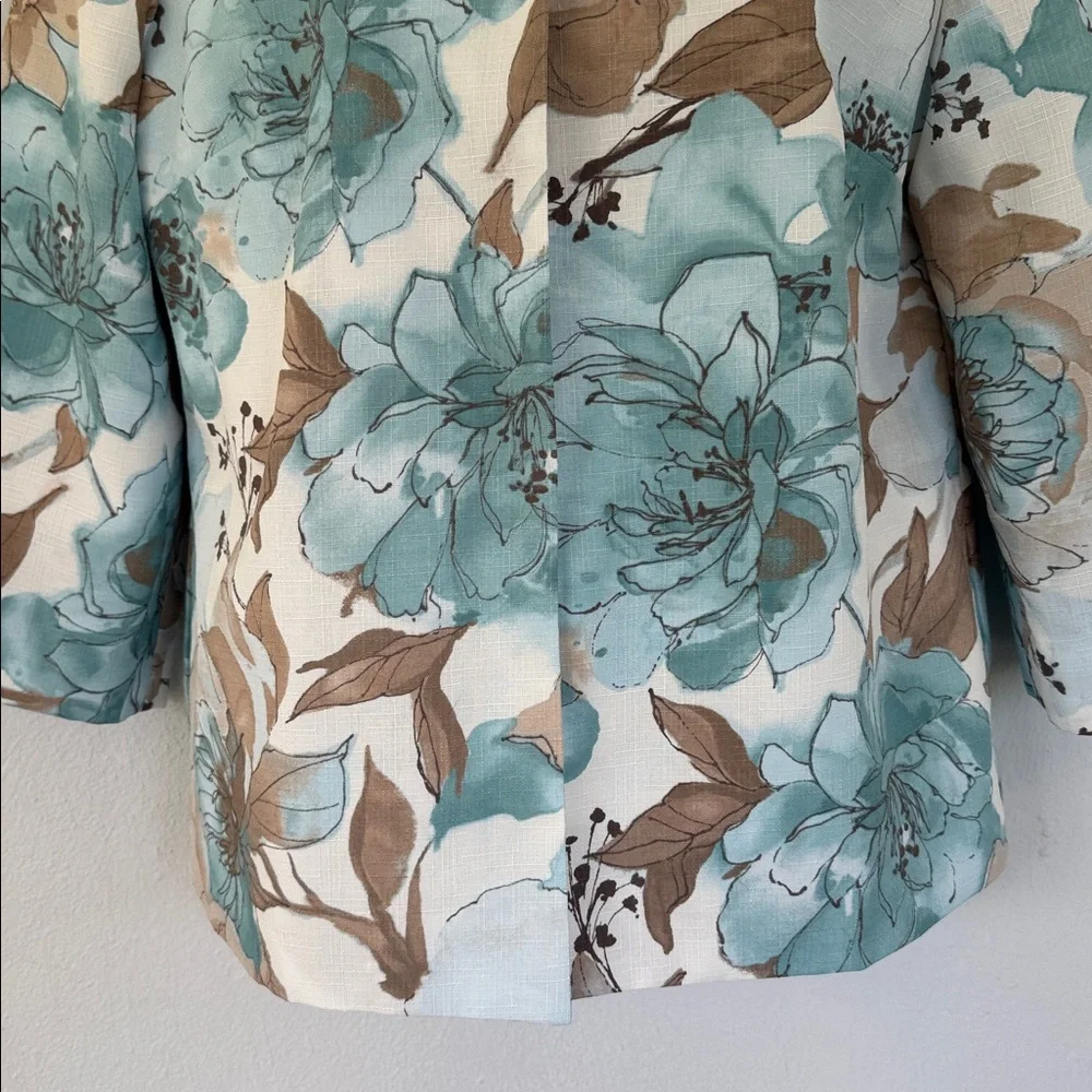 Vintage Alfred Dunner blue tan floral print drape style blazer jacket size 8